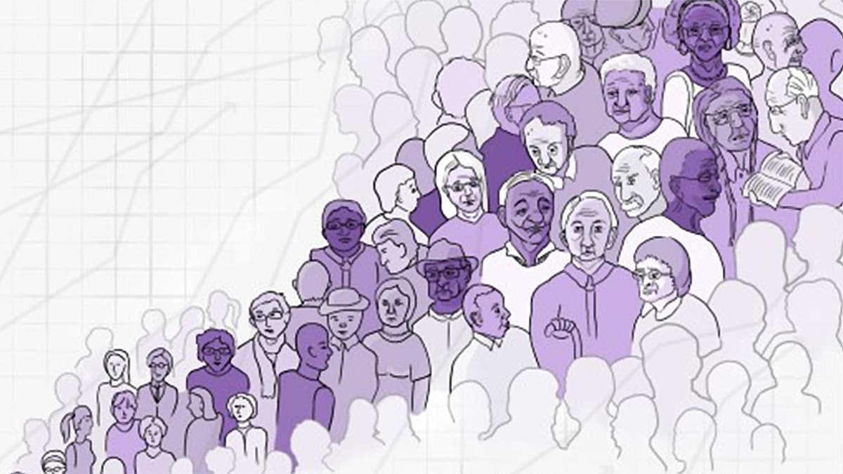 Illustration of a crowd of diverse people with a graph grid and chart lines in the background.