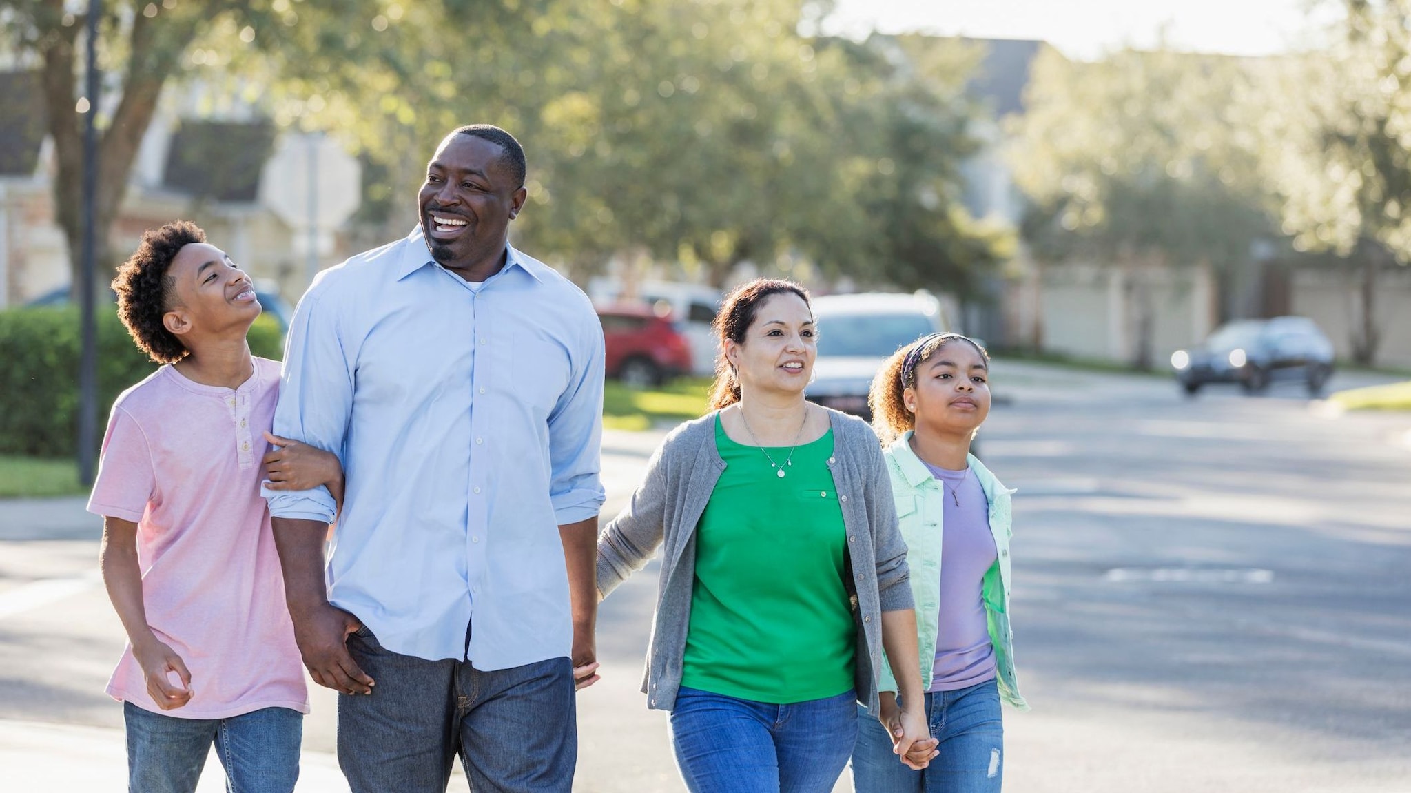 Family walking outdoors.