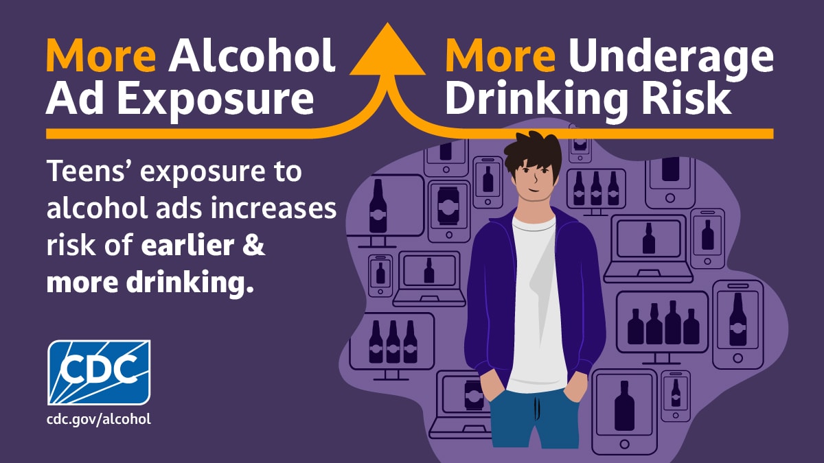 Teen with digital technology. Text reads, "More alcohol ad exposure, more underage drinking risk. Teens' exposure to alcohol ads increases risk of earlier & more drinking."