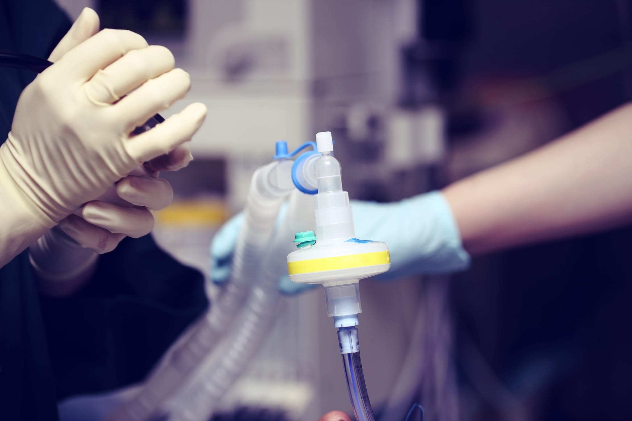 Clinicians' gloved hands placing invasive medical tubing.