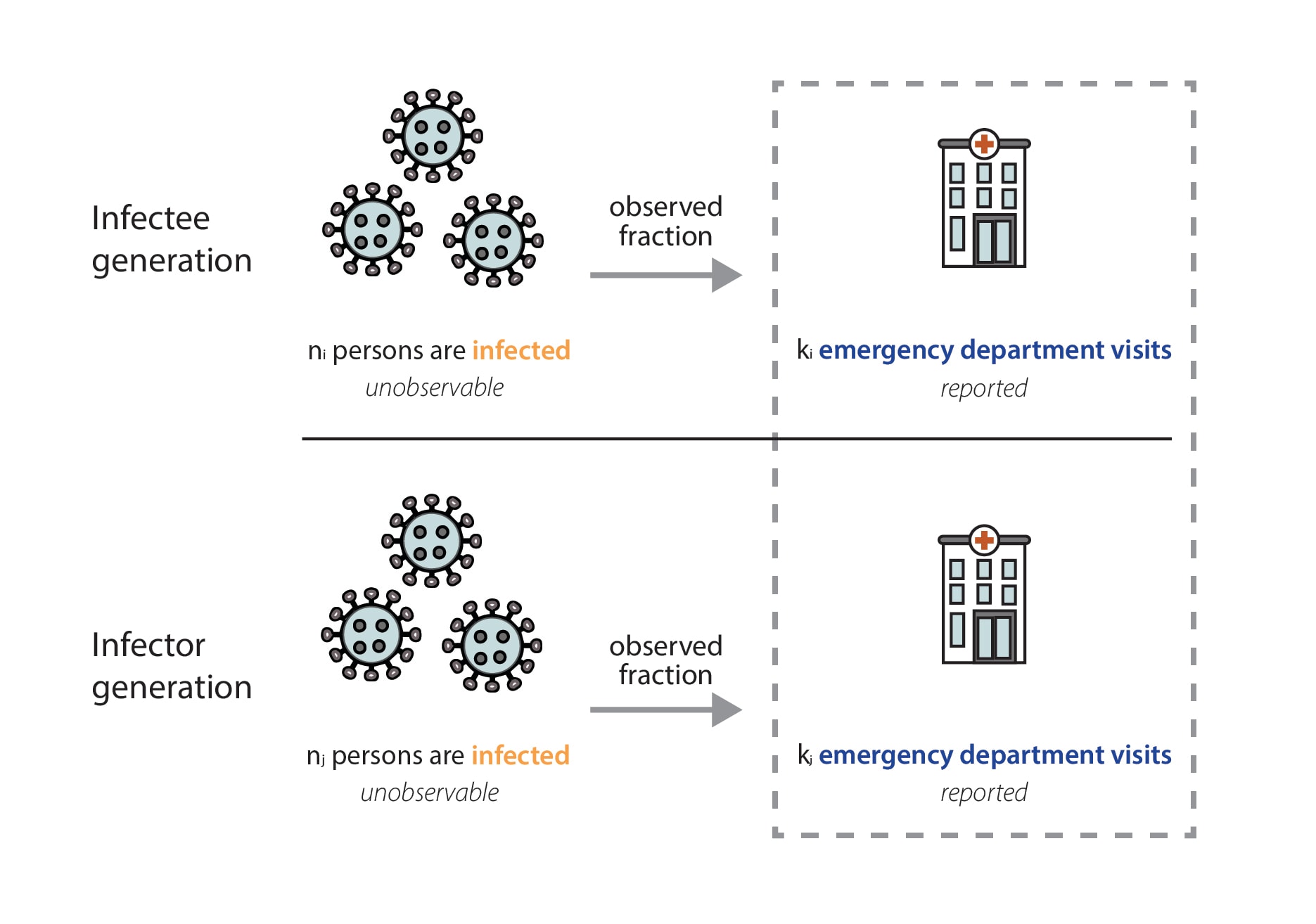 Image showing that the fraction of infections that we observe in emergency department visit data equivalently impacts both the numerator and the denominator