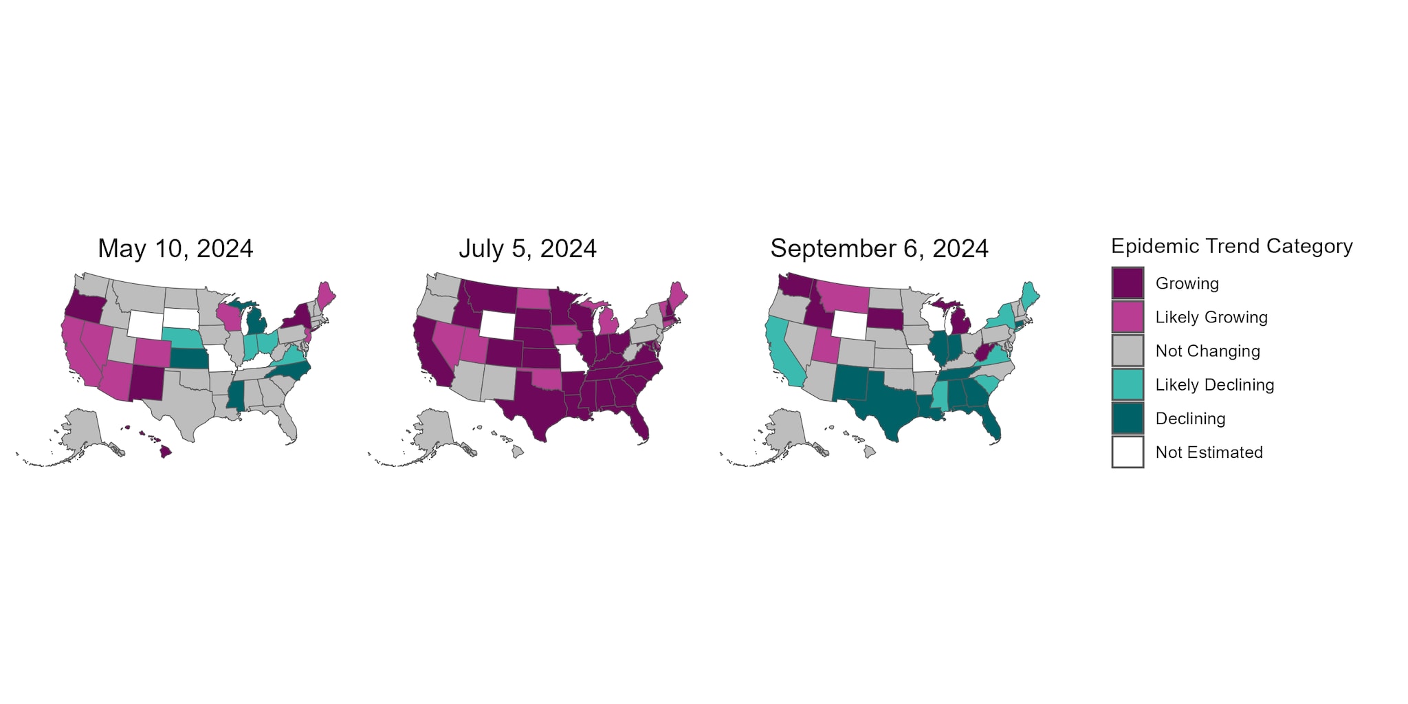 Three U.S. maps from May, July, and September showing trends of COVID-19 cases using epidemic trend categories