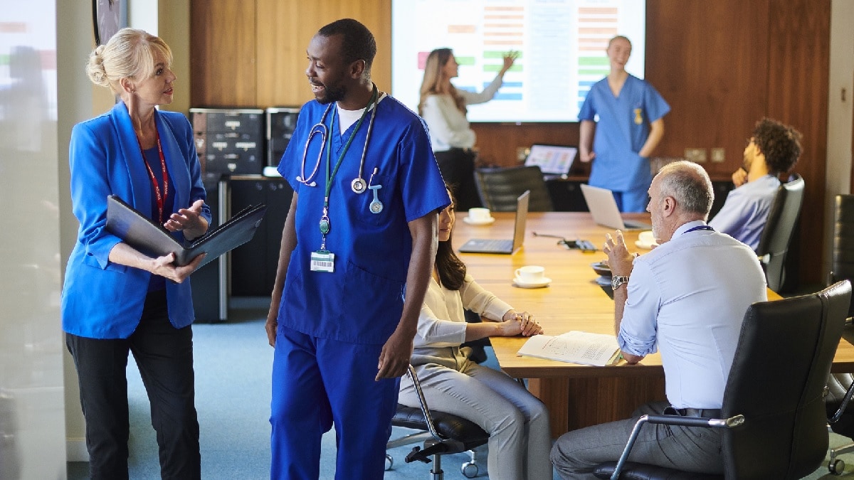 Clinic staff in a meeting.