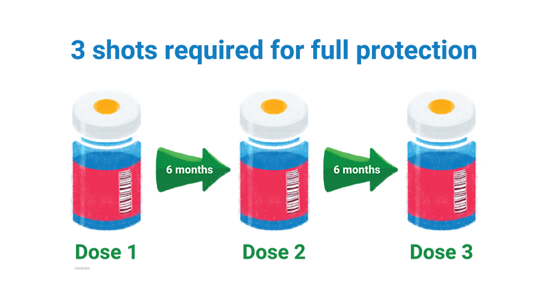 3 shots administered 6 months apart are required for full protection.