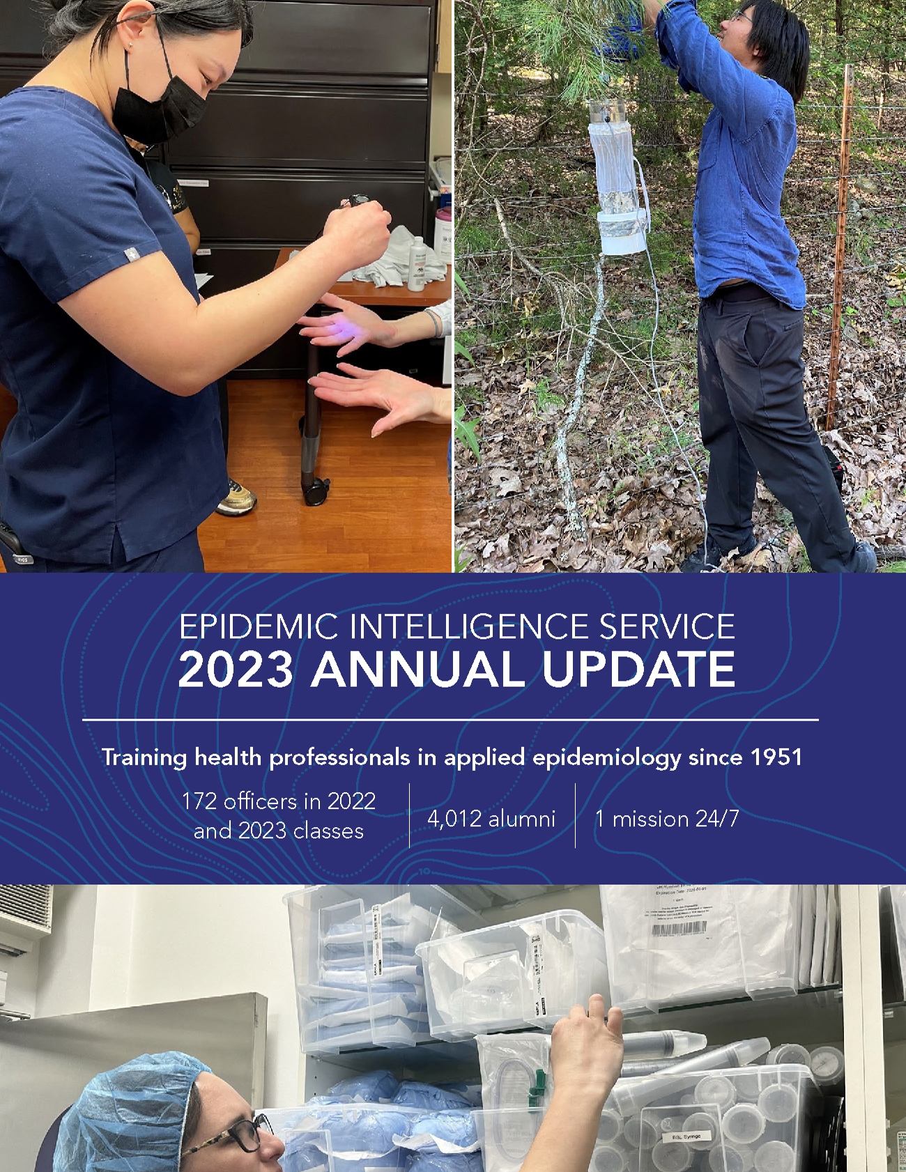 Photo collage of EIS officers at work with banner text "Epidemic Intelligence Service 2023 Annual Update"