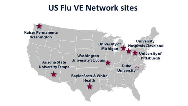 A map of the United States with red stars marking different locations. The title of the image is "US Flu VE Network sites".