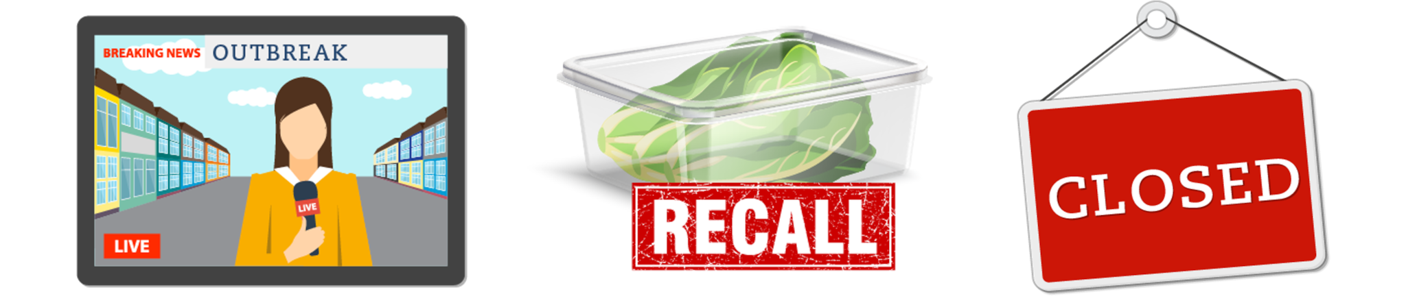 Image shows an illustration of a news reporter, a package of lettuce with the word recall over it, and a closed sign.