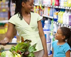 Mother and daughter with grocery cart