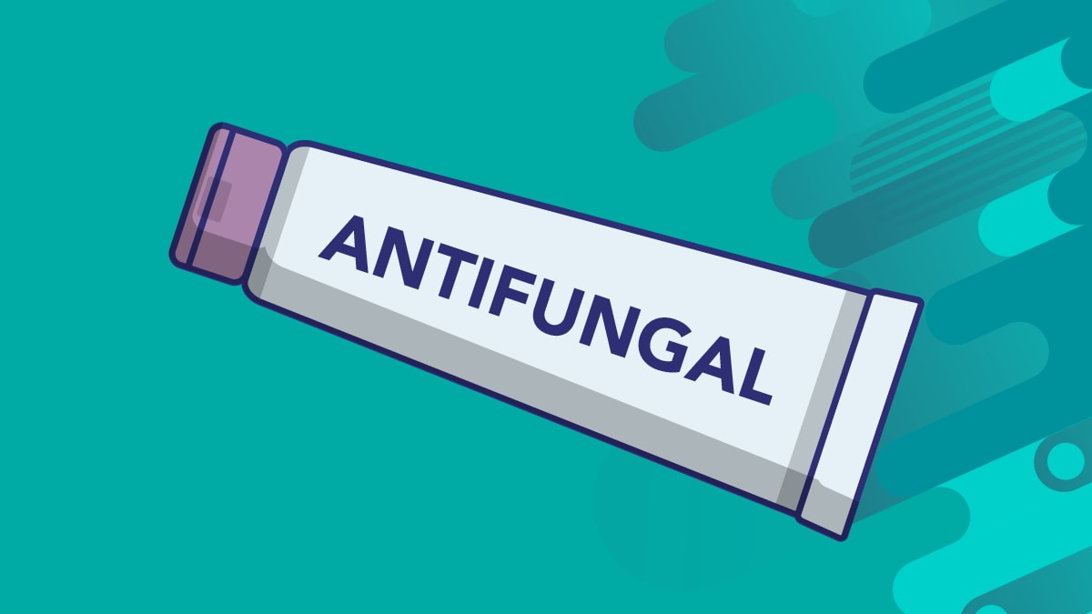 Cartoon depiction of a white tube labelled as "antifungal" against a blue background