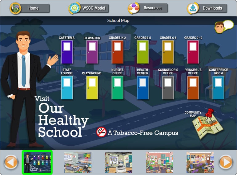 Screenshot of the VHS interactive tool showing different colored doors of school scenes and additional resources.