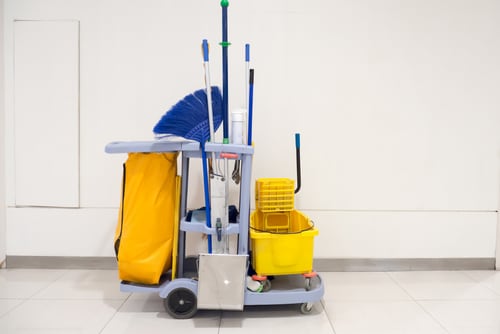 cleaning bucket on rollers with mops and brooms