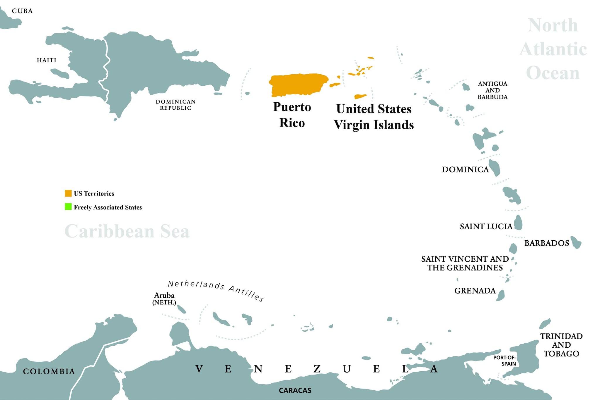 A map showing the Atlantic Caribbean islands. Water is shown in white and most land is shown in teal. Puerto Rico and the United States Virgin Islands are shown in orange, denoting that they are US territories.