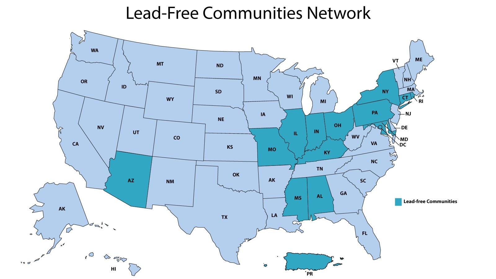 US map displaying the lead-free communities network.