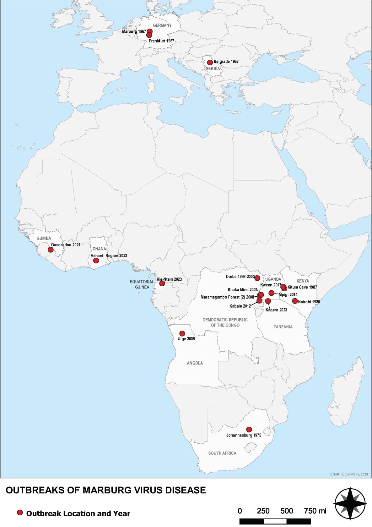 A map showing Marburg outbreaks