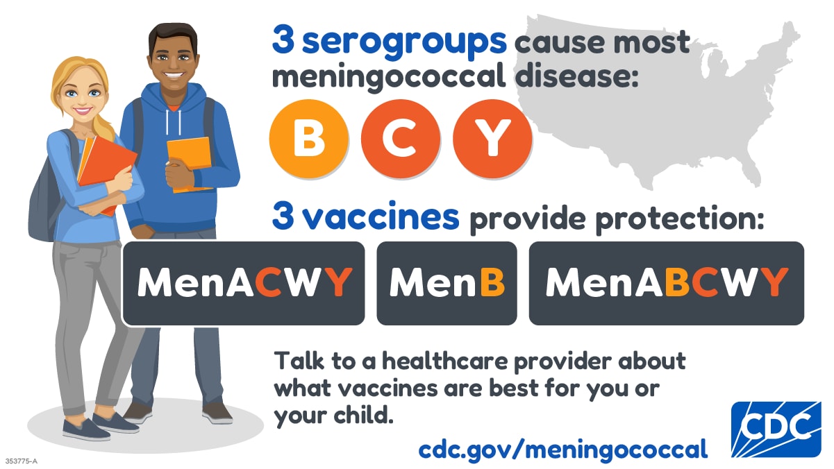 Three serogroups cause most meningococcal disease in the United States: B, C, and Y. Two vaccines provide protection: MenACWY helps protect against serogroups C and Y while MenB helps protect against serogroup B. Talk to a vaccine provider about what vaccines are best for you or your child.