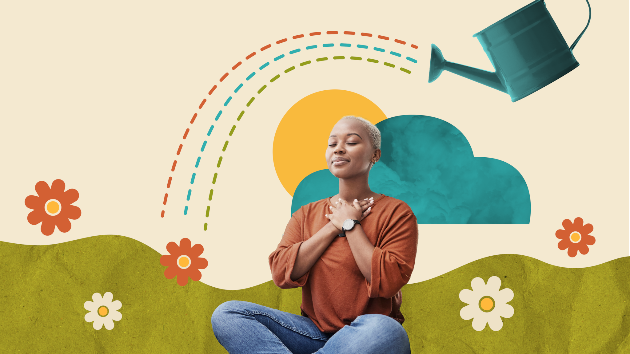 A woman sitting in a garden, eyes closed, hands folded across her chest. Above her, a watering can is pouring a rainbow.