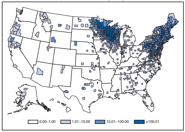 This figure is a map of the United States that presents the incidence per 100,000 population of lyme disease cases in each county in 2011.