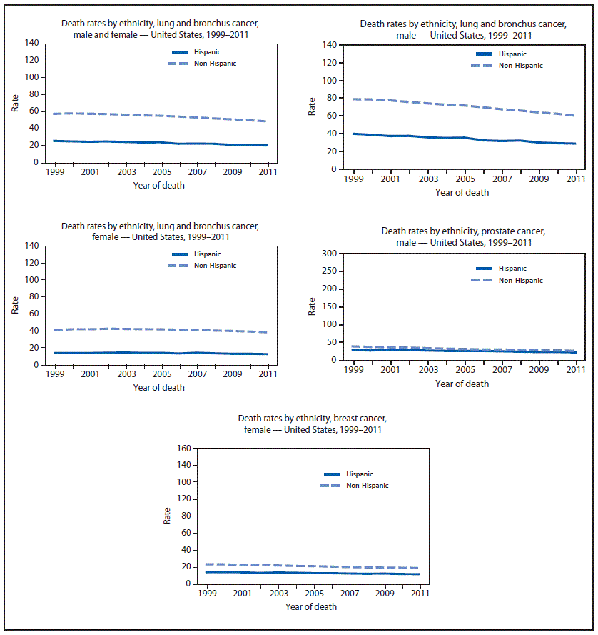 The figure presents 11 line charts showing, by ethnicity (Hispanic and non-Hispanic) and sex, age-adjusted death rates per 100,000 population for the United States during 1999–2011. Rates are shown for males and females combined and separately for each sex for all cancer sites combined, colorectal cancer, and lung and bronchus cancer, and by ethnicity for male prostate cancer and female breast cancer.