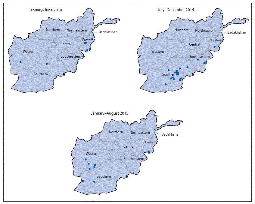 The figure is a map showing cases of wild poliovirus type 1, by region, in Afghanistan during January 2014-August 2015.