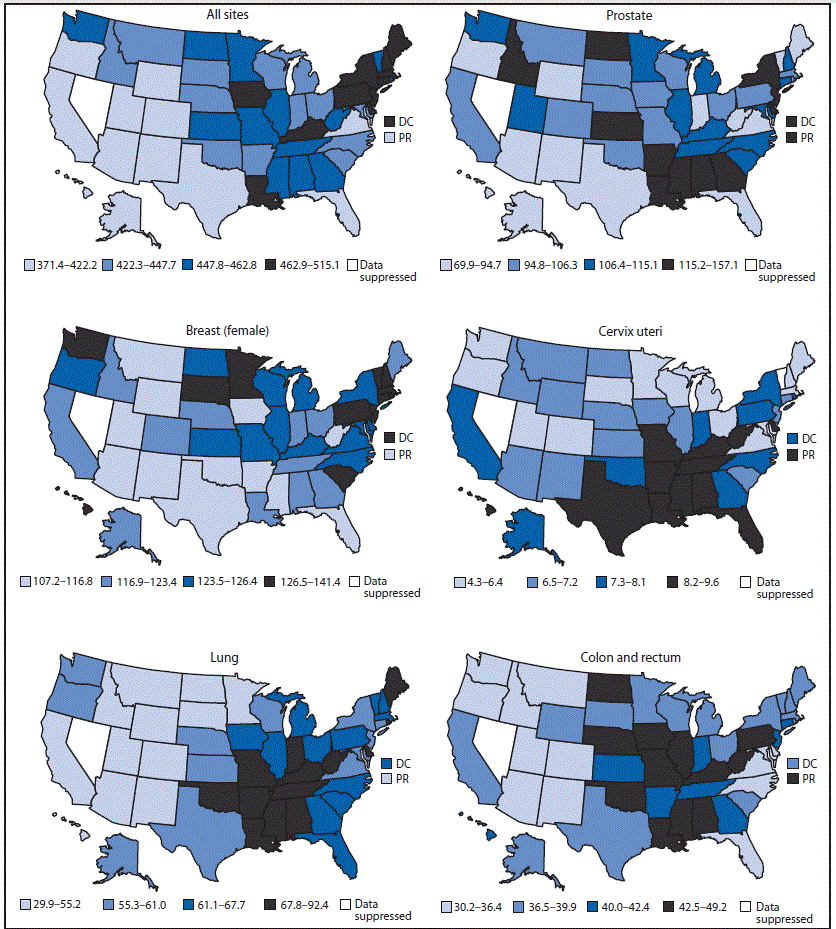 The figure is a map showing age-adjusted rate of invasive cancer by cancer site and jurisdiction for the 50 States, the District of Columbia, and Puerto Rico during 2012.