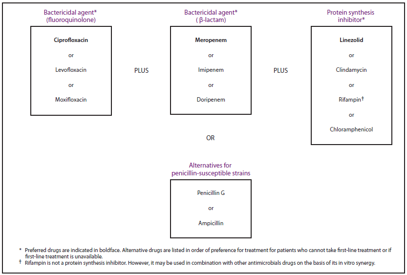 The figure shows the treatment regimen for systemic anthrax with suspected, possible, or confirmed meningitis. Preferred drugs are indicated in boldface. Alternative drugs are listed in order of preference for treatment for patients who cannot take first-line treatment or if first-line treatment is unavailable. Rifampin is not a protein synthesis inhibitor. However, it may be used in combination with other antimicrobials drugs on the basis of its in vitro synergy.