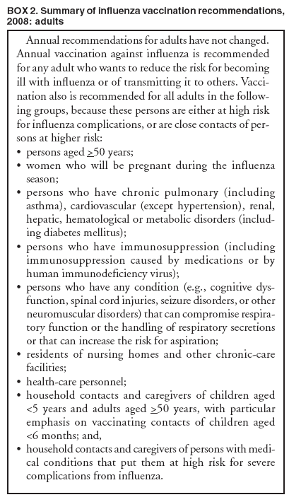 BOX 2. Summary of influenza vaccination recommendations, 2008: adults
Annual recommendations for adults have not changed. Annual vaccination against influenza is recommended for any adult who wants to reduce the risk for becoming ill with influenza or of transmitting it to others. Vaccination
also is recommended for all adults in the following
groups, because these persons are either at high risk for influenza complications, or are close contacts of persons
at higher risk:

persons aged >50 years;

women who will be pregnant during the influenza season;

persons who have chronic pulmonary (including asthma), cardiovascular (except hypertension), renal, hepatic, hematological or metabolic disorders (including
diabetes mellitus);

persons who have immunosuppression (including immunosuppression caused by medications or by human immunodeficiency virus);

persons who have any condition (e.g., cognitive dysfunction,
spinal cord injuries, seizure disorders, or other neuromuscular disorders) that can compromise respiratory
function or the handling of respiratory secretions or that can increase the risk for aspiration;

residents of nursing homes and other chronic-care facilities;

health-care personnel;

household contacts and caregivers of children aged <5 years and adults aged >50 years, with particular emphasis on vaccinating contacts of children aged <6 months; and,

household contacts and caregivers of persons with medical
conditions that put them at high risk for severe complications from influenza.