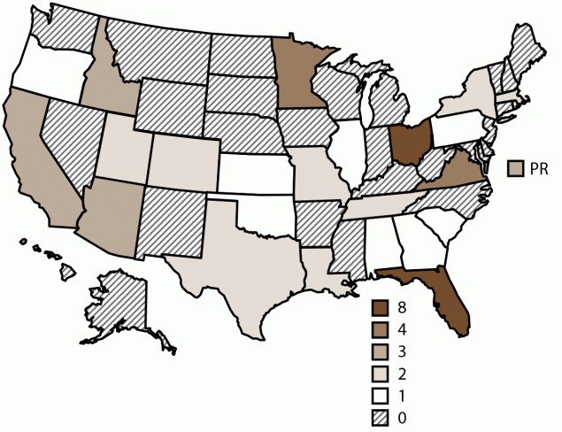 The figure is a U.S. map of waterborne disease outbreaks associated with splash pads, by jurisdiction, according to data from the Waterborne Disease and Outbreak Surveillance System during 1997–2022.