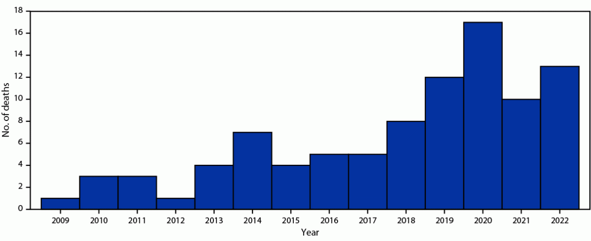 The figure is a histogram showing perioperative cosmetic surgery-related deaths among U.S. citizens, by year, in the Dominican Republic during 2009–2022.