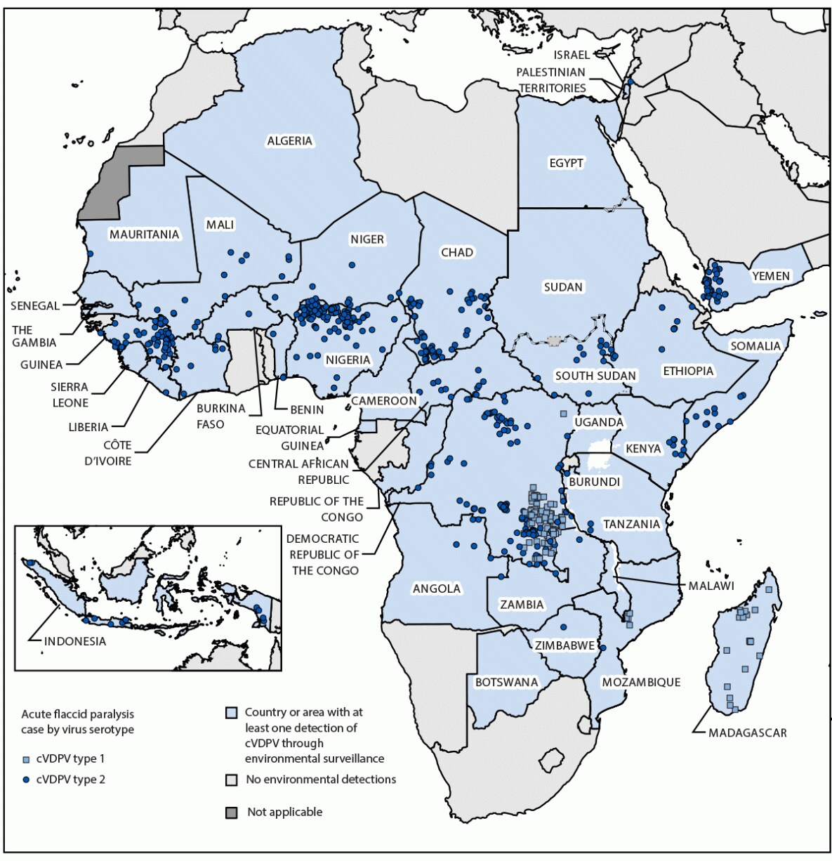 The figure is a map depicting 39 countries and areas worldwide, reporting circulating vaccine-derived polio outbreaks during January 2023–June 2024.