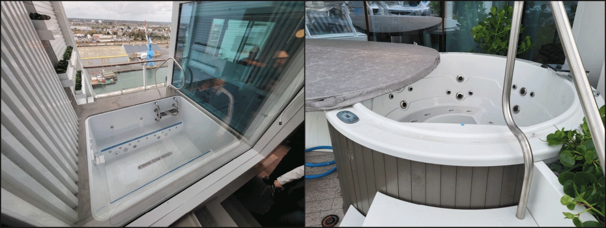 The figure contains two images of hot tubs associated with cases of Legionnaires disease located on balconies only accessible via private cruise ship cabins on two cruise ships during November 2022–July 2024.