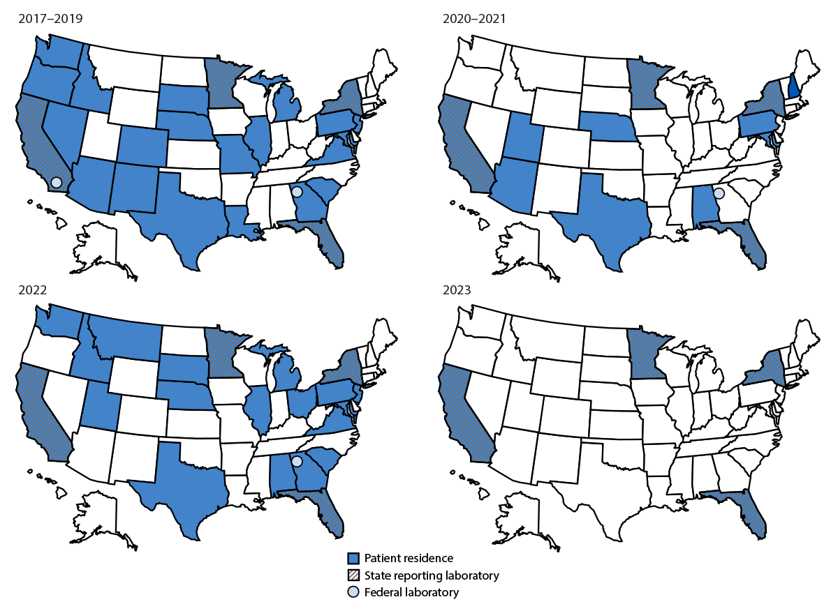 The figure comprises four U.S. maps indicating the geographic distribution of cases with human adenovirus typing data during 2017–2023, by patient state of residence and reporting laboratory, as reported to the National Adenovirus Type Reporting System.