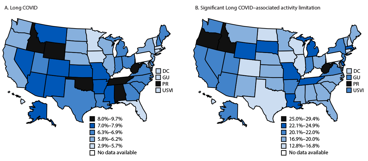 The figure is a set of two maps. The first illustrates the prevalence of current Long COVID; the second illustrates prevalence of significant Long COVID–associated activity limitation among adults, by United States jurisdiction during 2023, using data from the Behavioral Risk Factor Surveillance System.