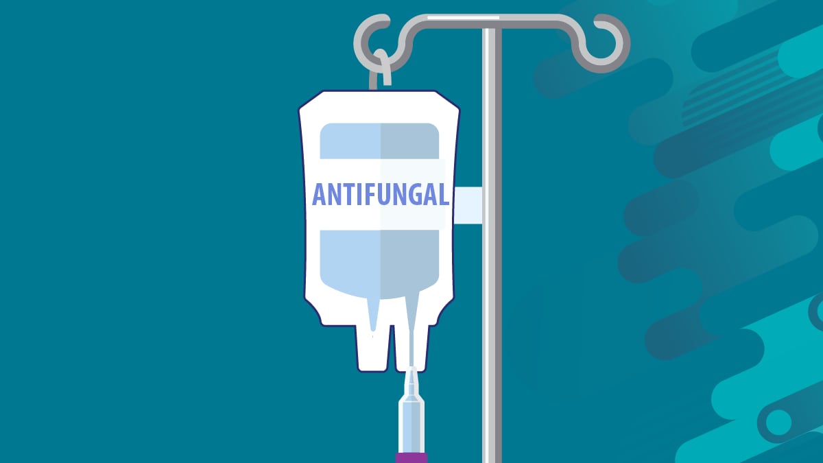 Iv pole with bag labeled Antifungal