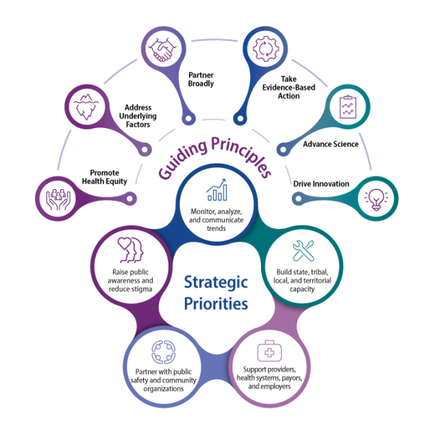 Guiding Principles, Promote Health Equity, Address Underlying Factors, Partner Broadly, Take Evidence-Based Action, Advance Science, Drive Innovation, Strategic Priorities, Monitor, analyze, and communicate trends, Raise public awareness and reduce stigma, Build state, tribal, local, and territorial capacity, Partner with public safety and community organizations, Support providers, health systems, payors, and employers