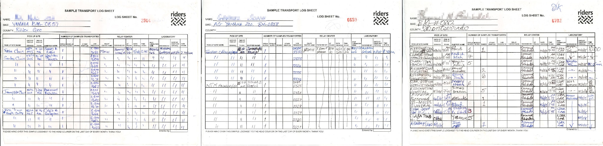 A used Ebola log sheet with several fields filled with information.