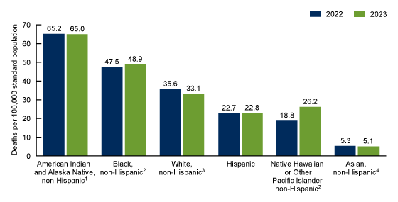 Figure 3 is a bar chart showing the age-adjusted drug overdose death rate by race and Hispanic origin in the United States for 2022 and 2023. 