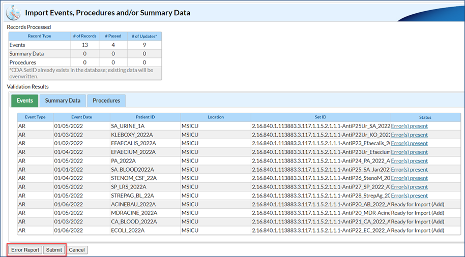 Screenshot of when submitting files together and some records pass and others fail when batch uploading multiple AR files