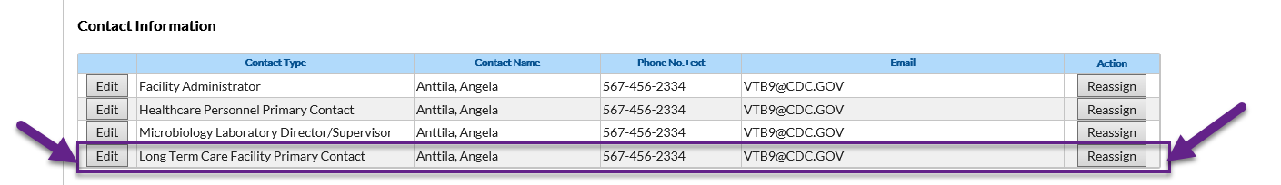 NHSN application Contact information webpage