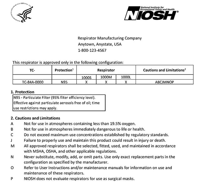 Example of an FFR NIOSH approval label on the respirator packaging