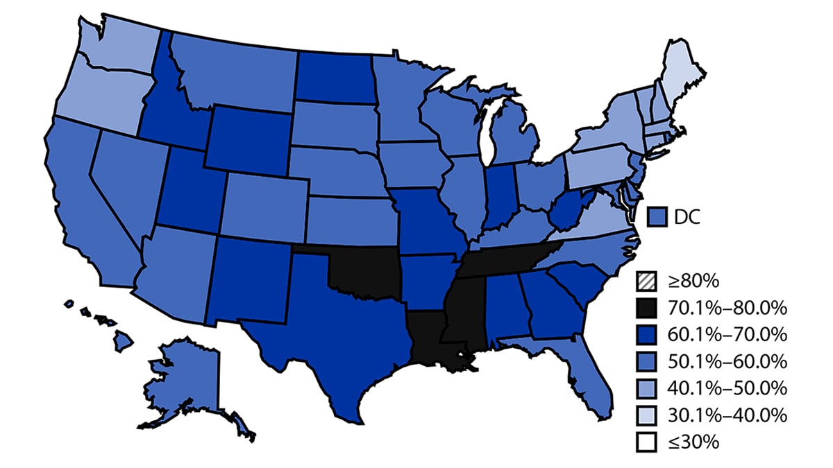 Map of the United States with each state shaded based on sugar-sweetened beverage consumption.