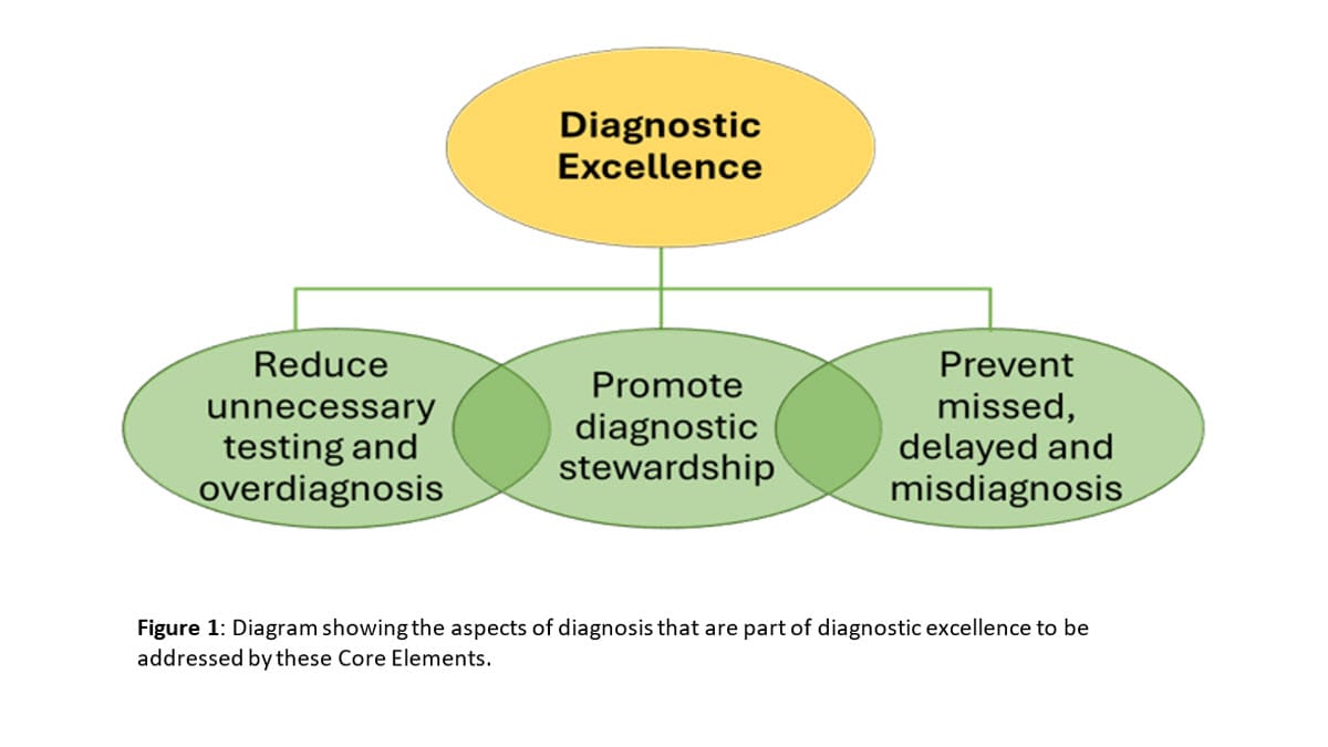 Diagram showing the aspects of diagnosis that are part of diagnostic excellence to be addressed by these Core Elements.