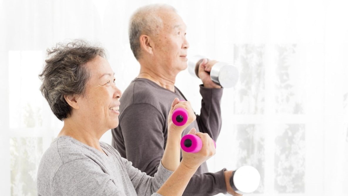 Two older adults lifting weights.