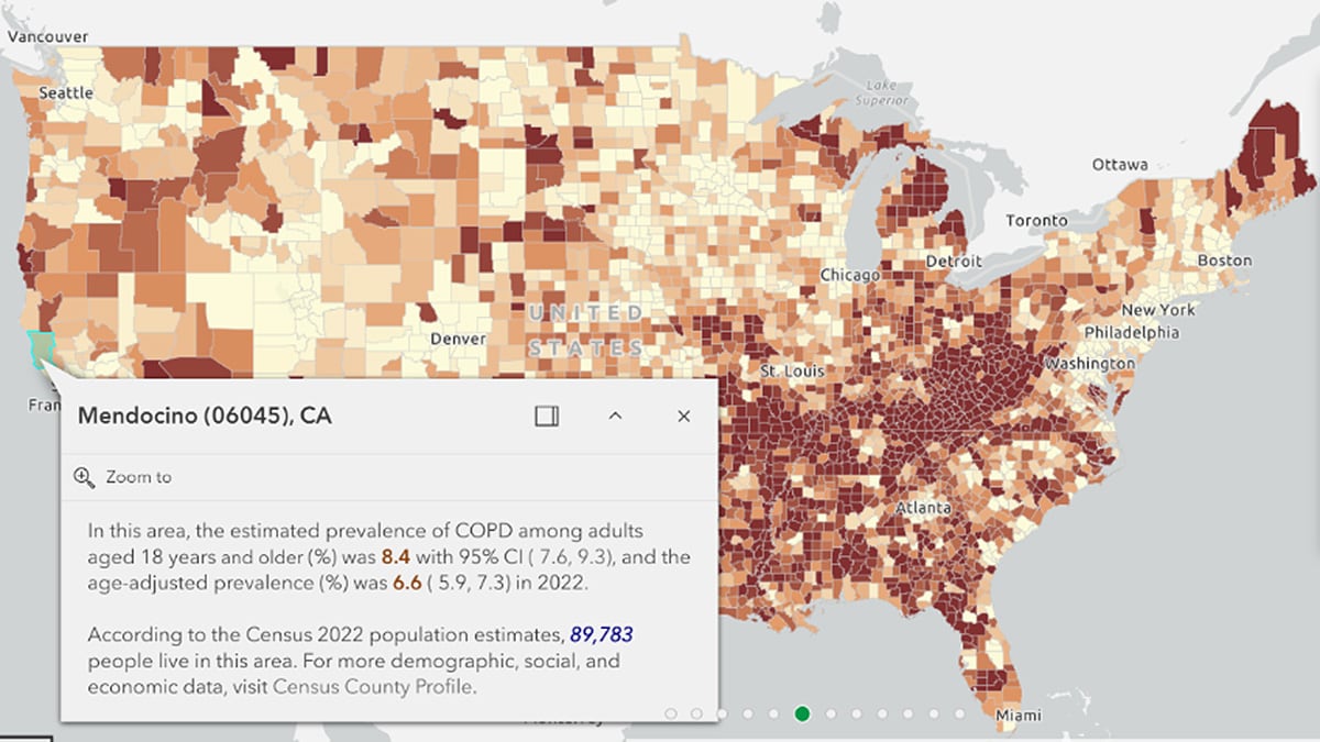 Interactive map sample showing United States broken down into color-coded counties and places.