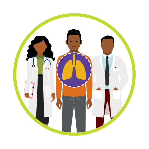 Illustration of a patient with his healthcare providers and an X-ray of his lungs.