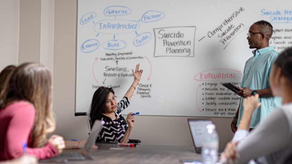 A group of people discussing suicide prevention strategies on a white board.