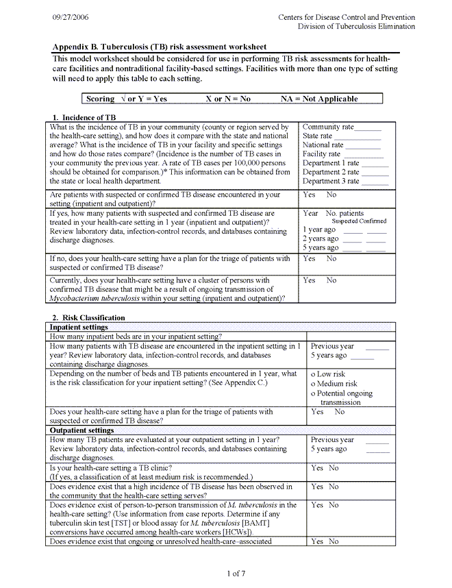 Tuberculosis Facility Risk Assessment Worksheet