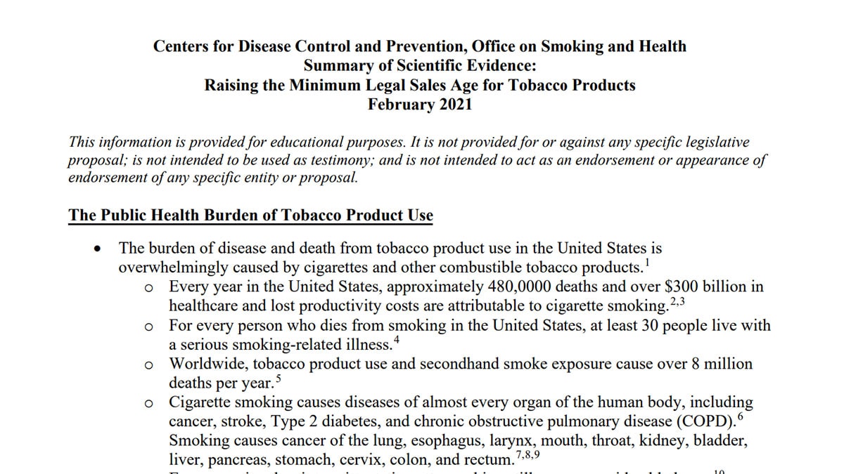 thumbnail:summary of scientific evidence: raising the minimum legal sales age for tobacco products, february 2021