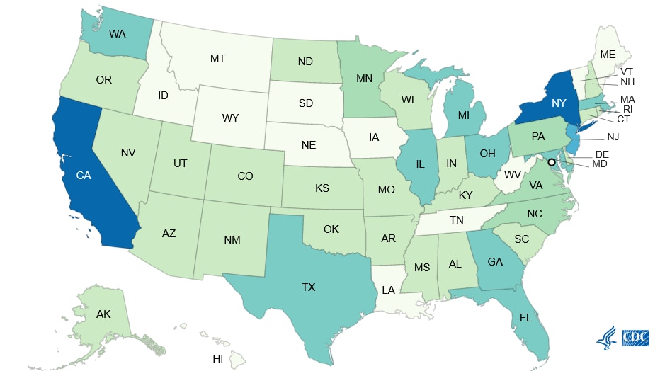 Map of typhoid fever cases in the United States reported to the National Typhoid and Paratyphoid Fever Surveillance System, by jurisdiction in 2017