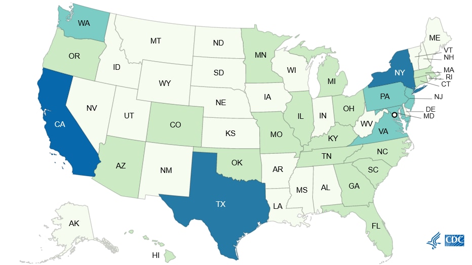 Map of typhoid fever cases in the United States reported to the National Typhoid and Paratyphoid Fever Surveillance System, by jurisdiction in 2020