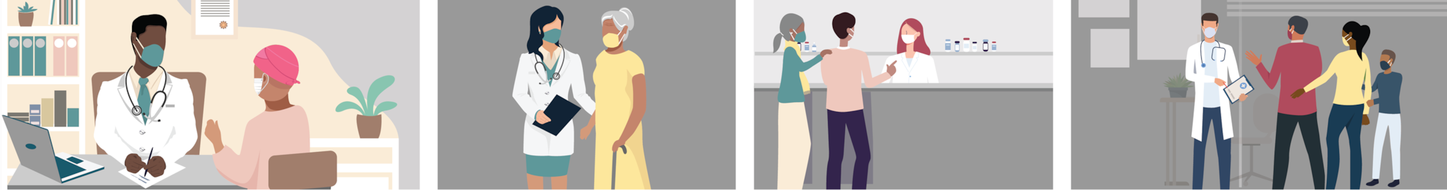 Illustrations of healthcare professionals talking to patients about COVID-19 vaccination.